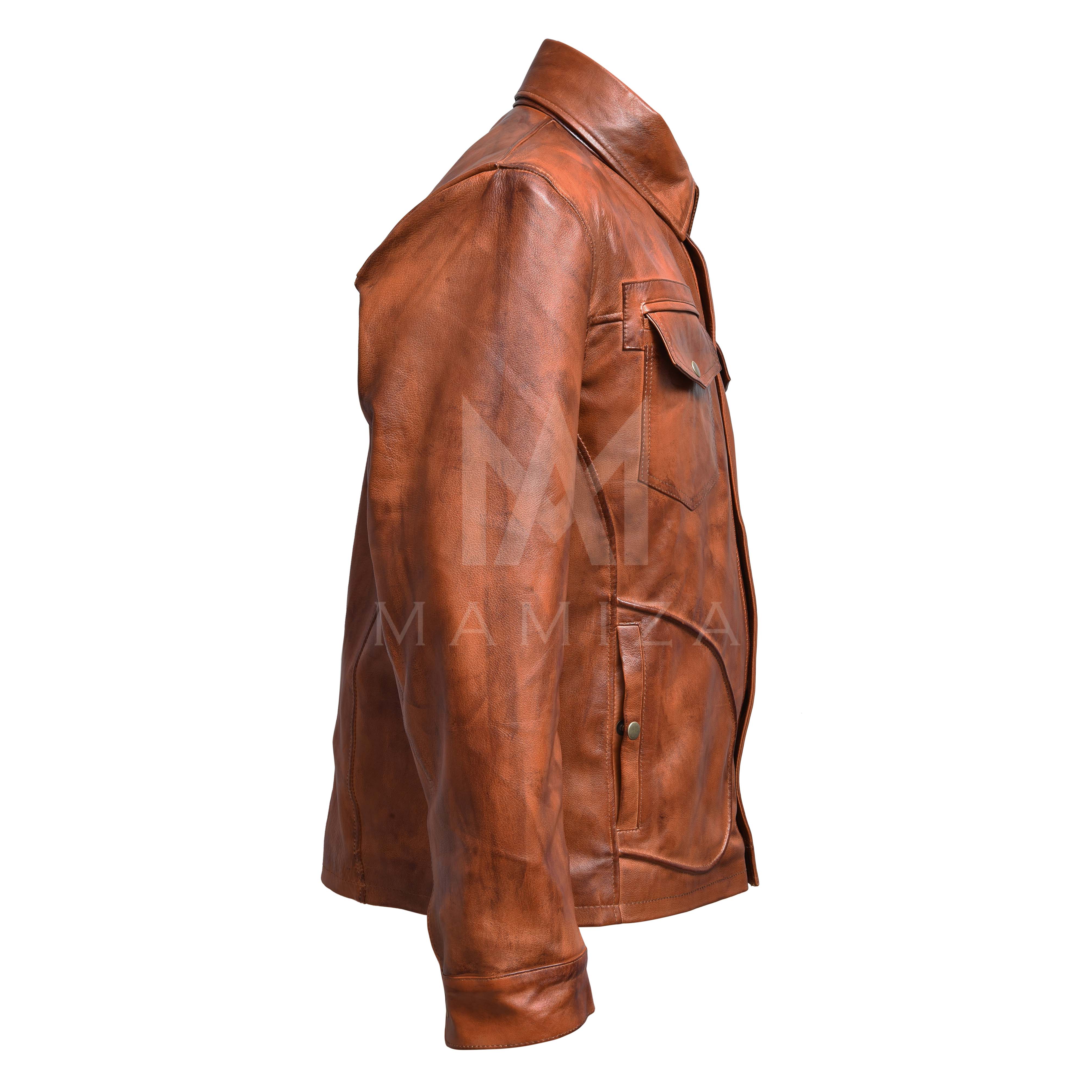 Vintage Inspired Leather Jacket - Men's Jacket with Button Down Collar