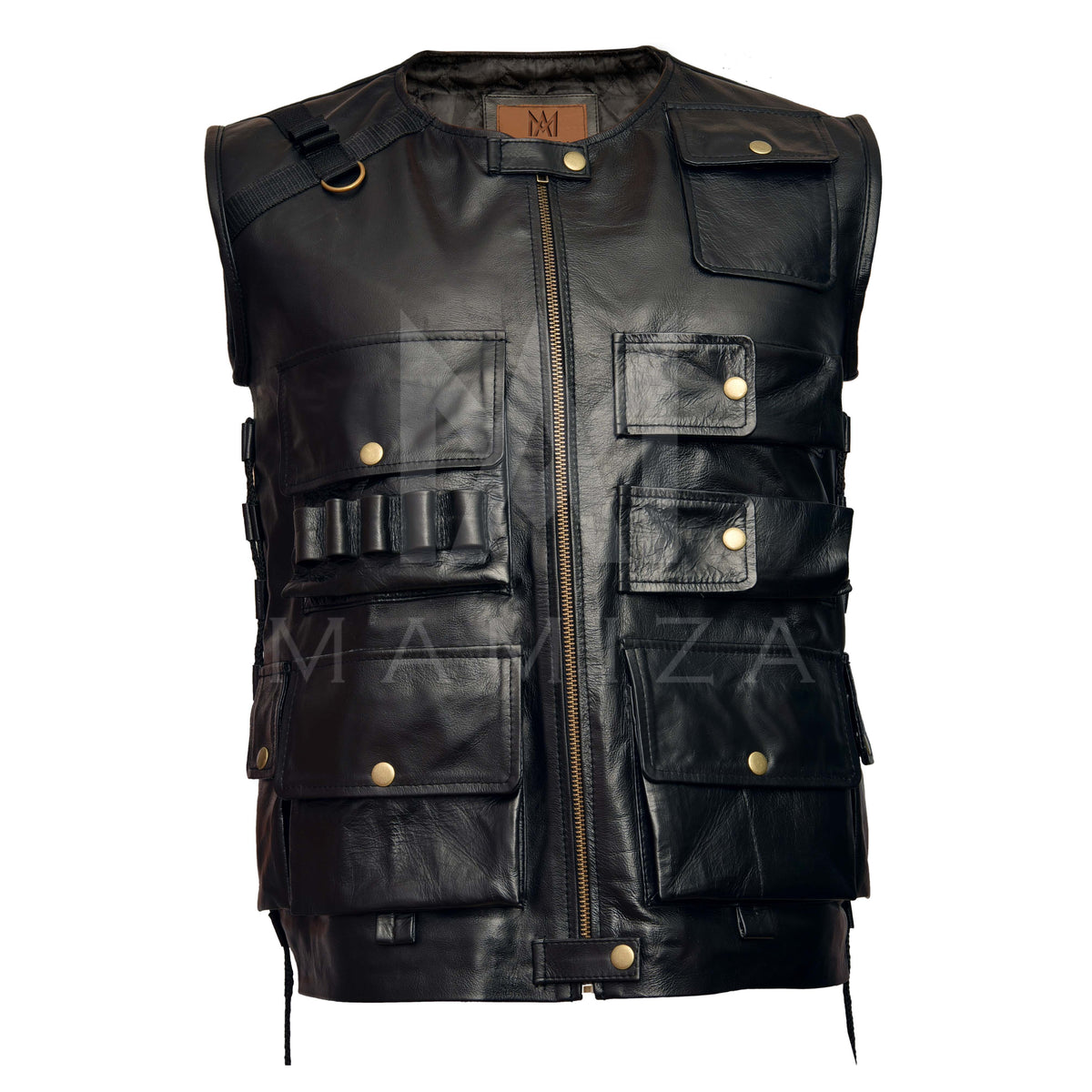 Black Leather Tactical Vest with Multiple Pockets