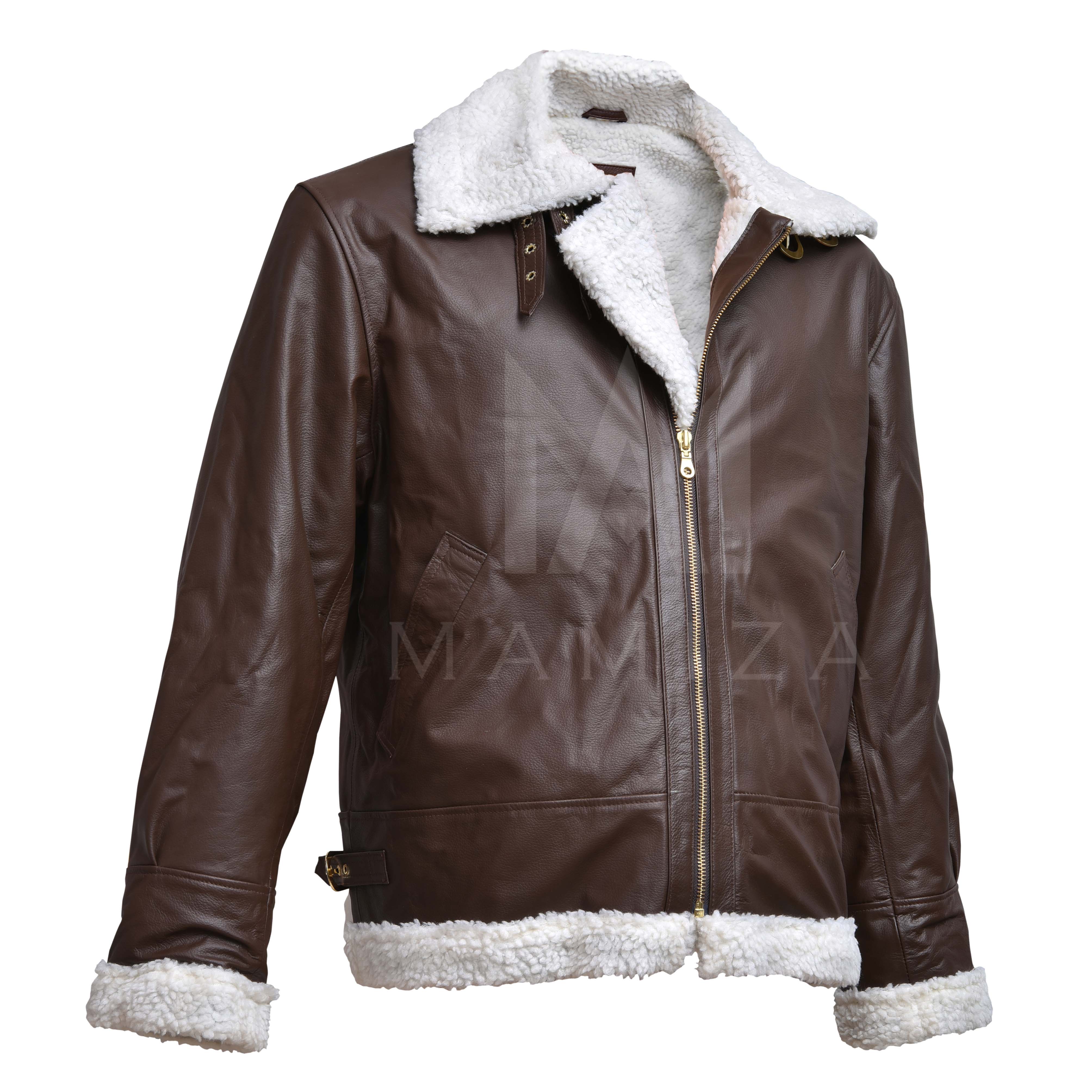 Brown Leather Bomber Jacket with Shearling Collar