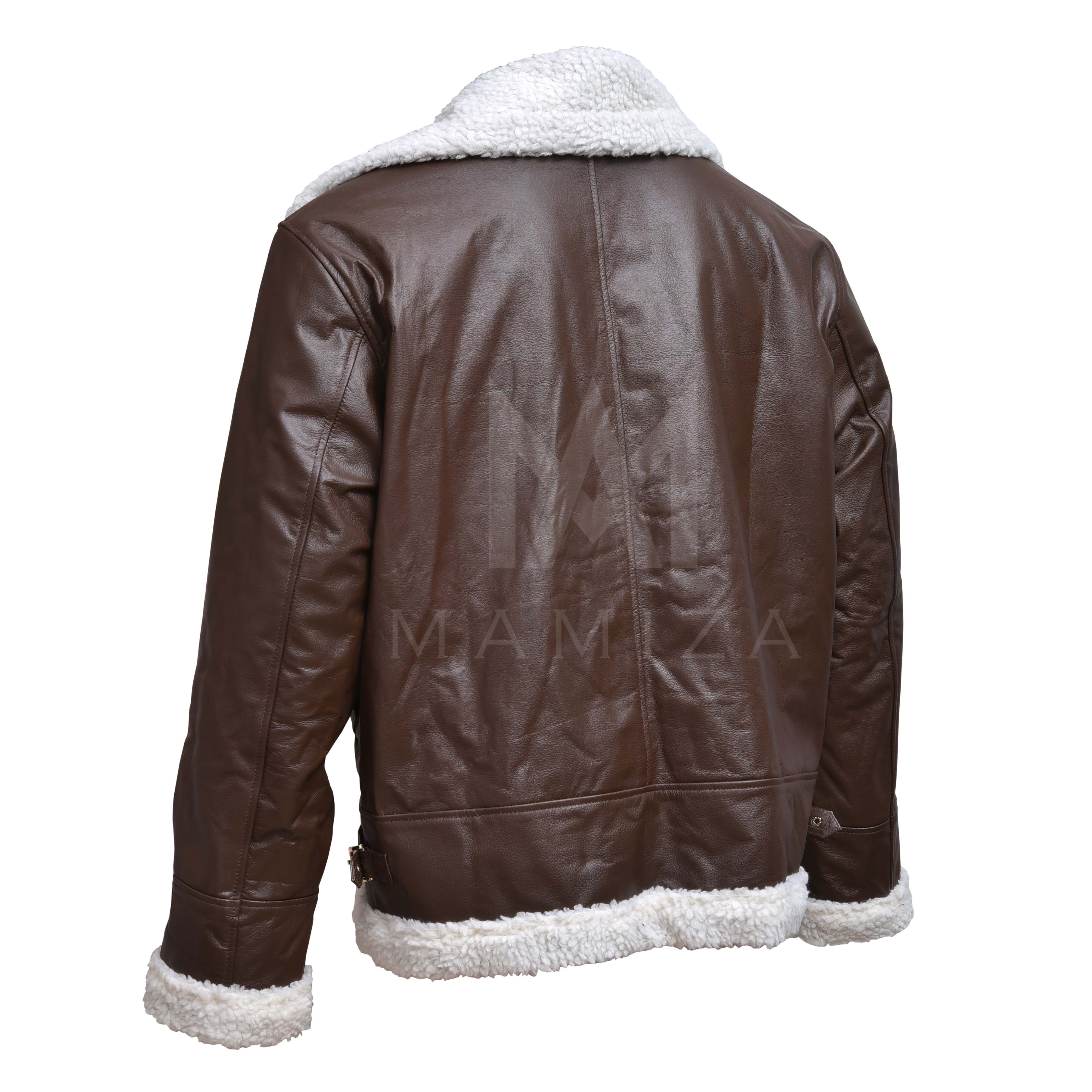 Brown Leather Bomber Jacket with Shearling Collar