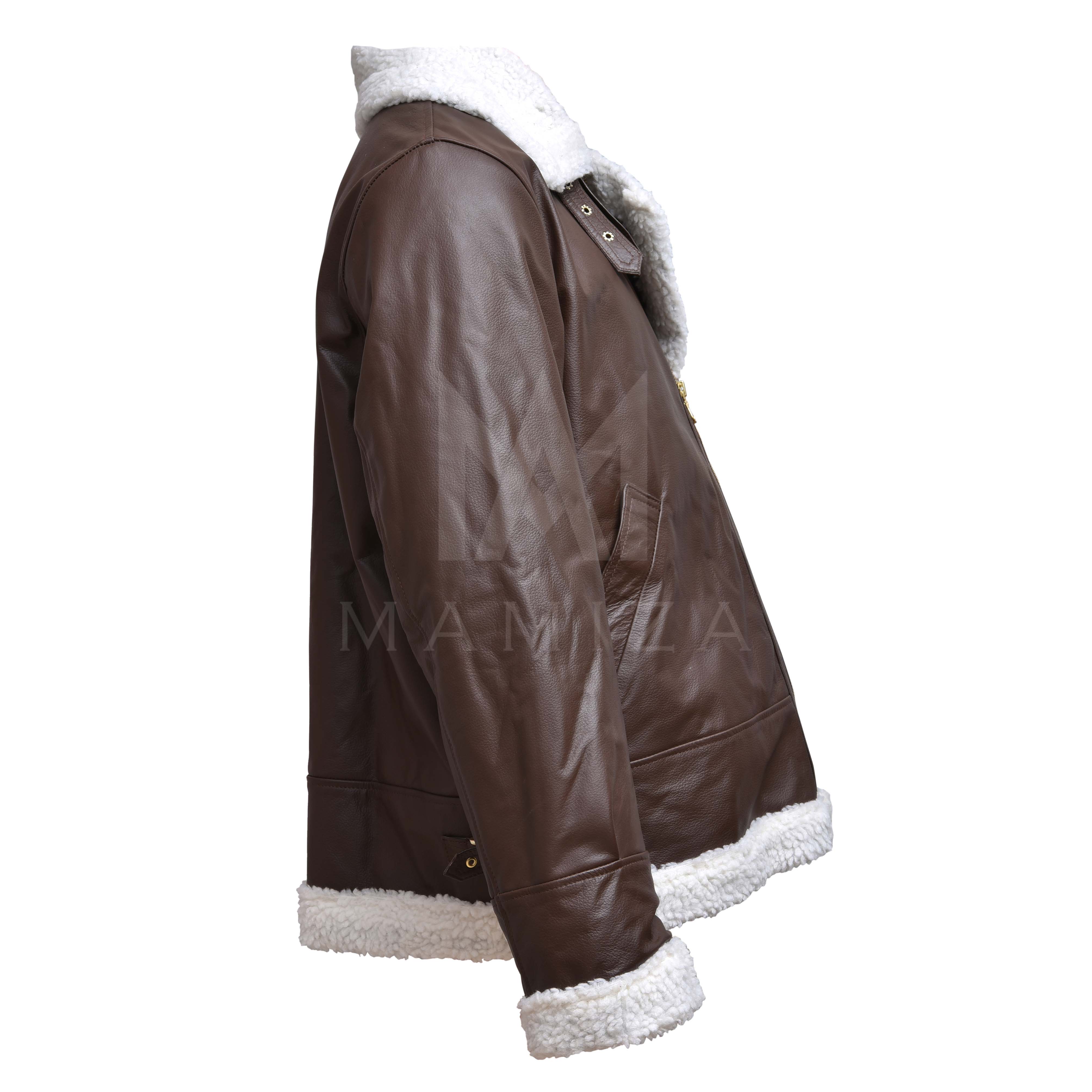 Brown Leather Bomber Jacket with Shearling Collar