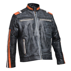 Distressed Vintage Style - Leather Jacket with Racing Stripes