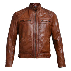 Men's Brown Leather Biker Jacket with Quilted Details