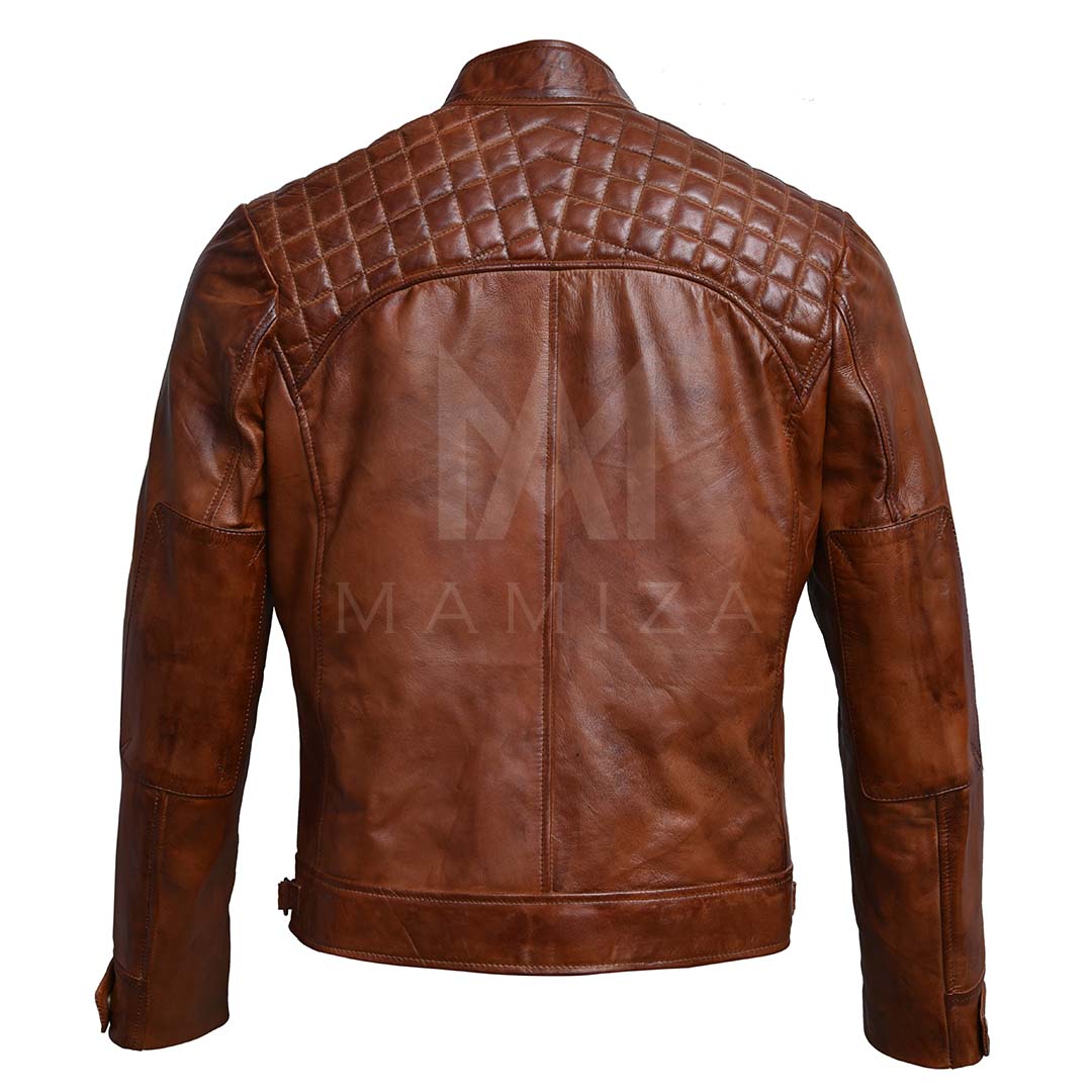 Men's Brown Leather Biker Jacket with Quilted Details