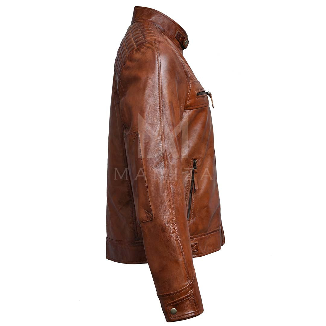 Men's Brown Leather Biker Jacket with Quilted Details