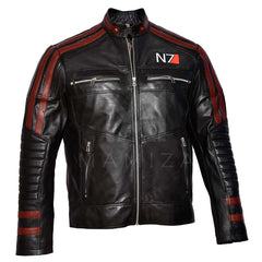 Men's Black Leather N7 Jacket with Red Stripes