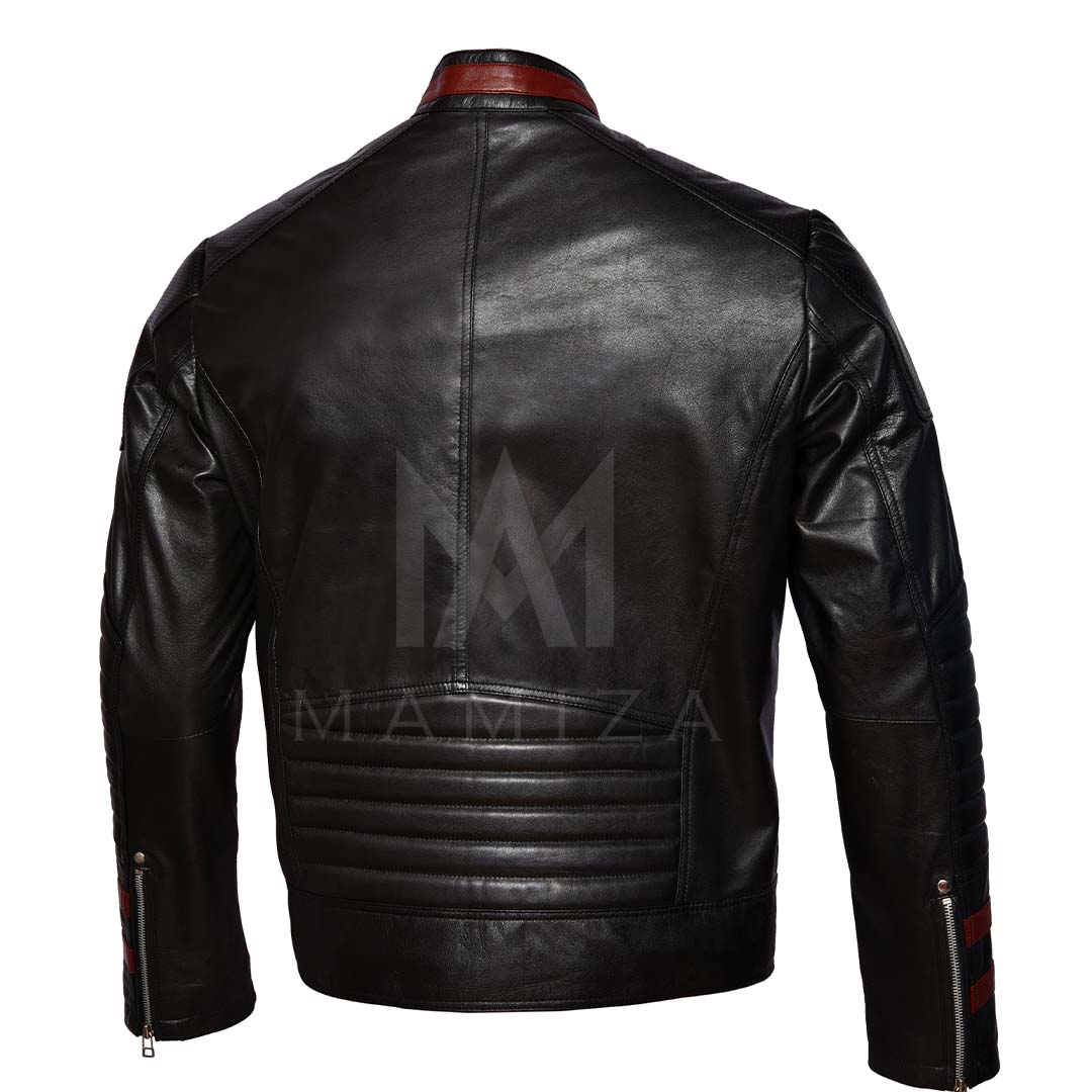 Men's Black Leather N7 Jacket with Red Stripes