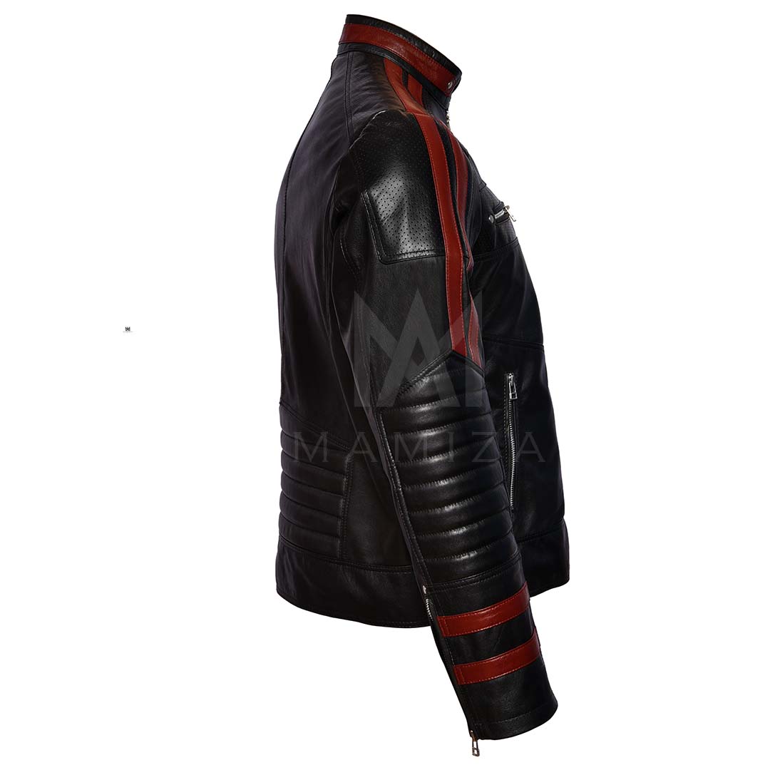 Men's Black Leather N7 Jacket with Red Stripes