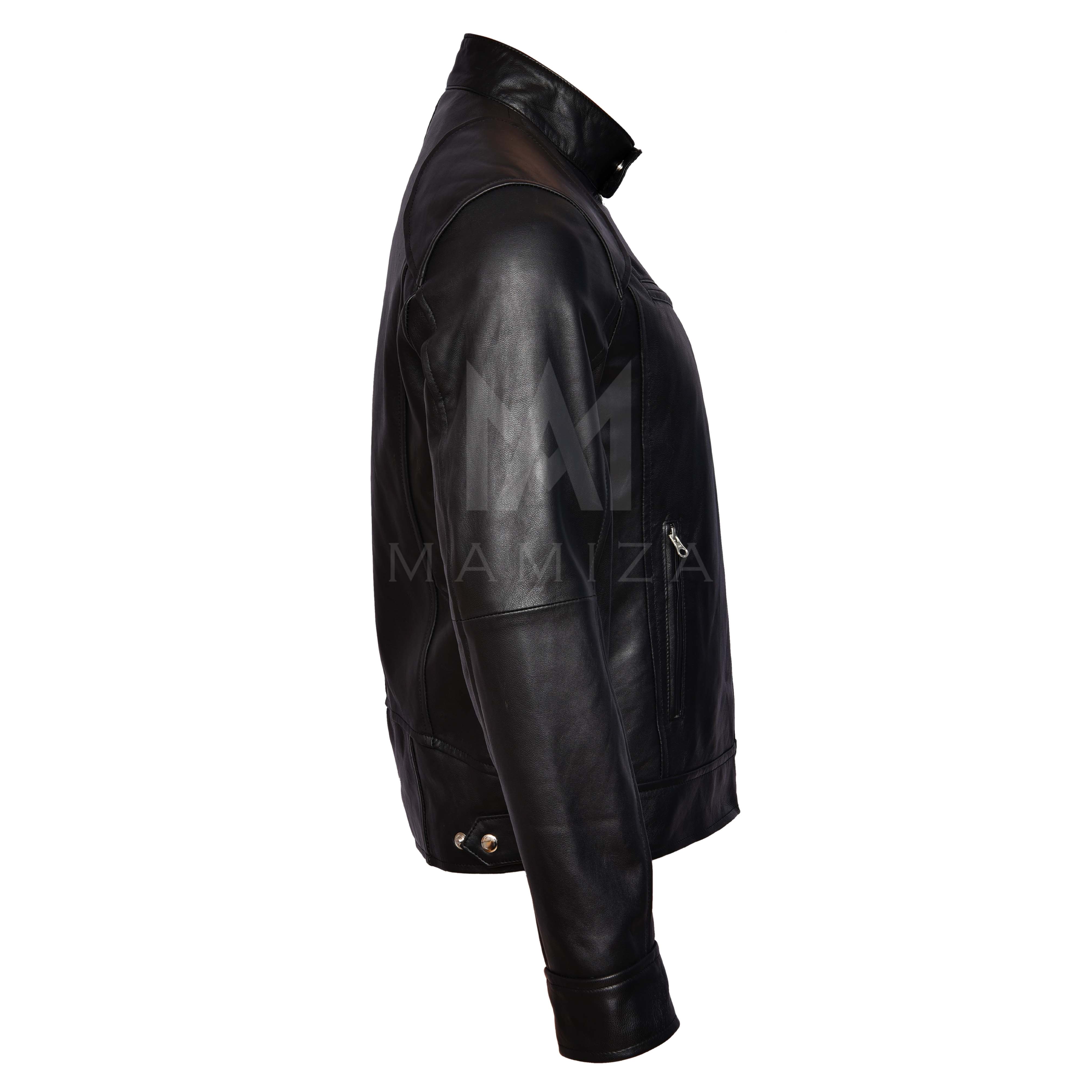 Men's Classic Cafe Racer Leather Jacket - Black and Brown Accent