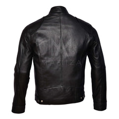 Men's Classic Cafe Racer Leather Jacket - Black and Brown Accent