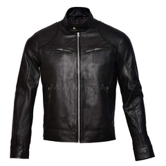 Men's Classic Cafe Racer Leather Jacket - Black and Brown Accent