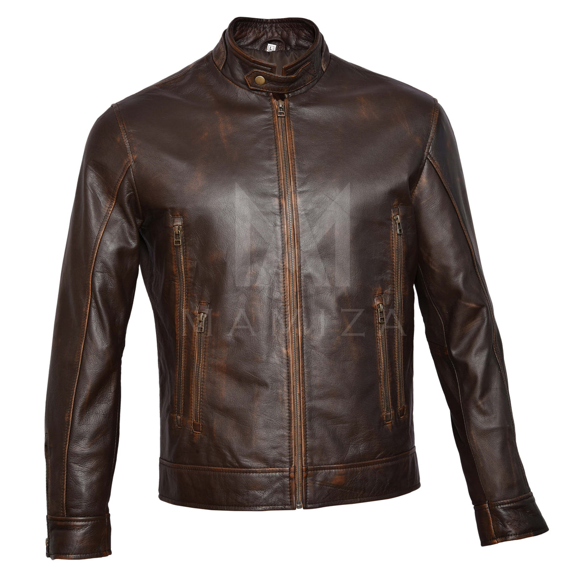 Distressed Leather Cafe Racer Jacket - Vintage & Classic Look