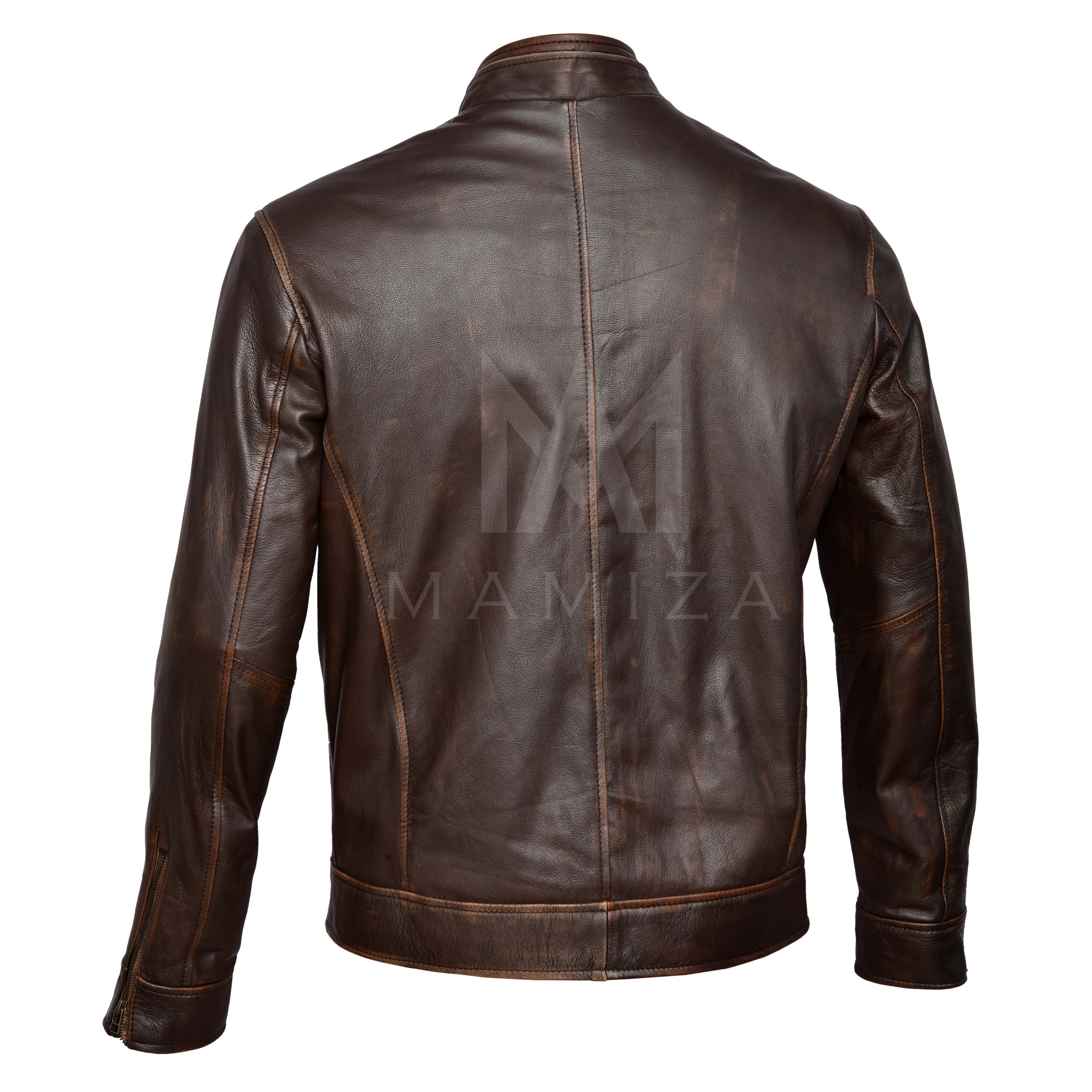 Distressed Leather Cafe Racer Jacket - Vintage & Classic Look