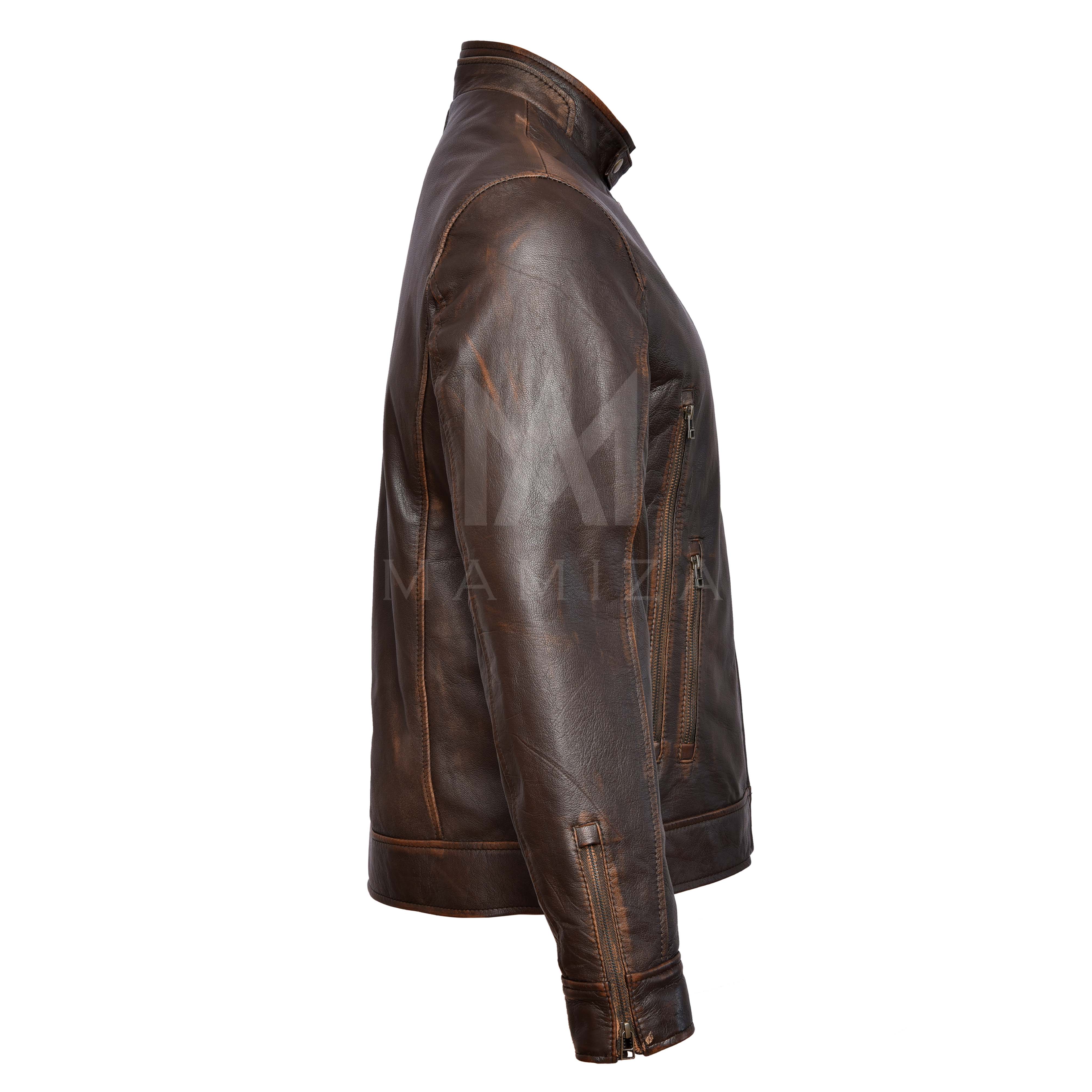 Distressed Leather Cafe Racer Jacket - Vintage & Classic Look