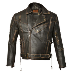 Distressed Leather Motorcycle Jacket - Vintage Style