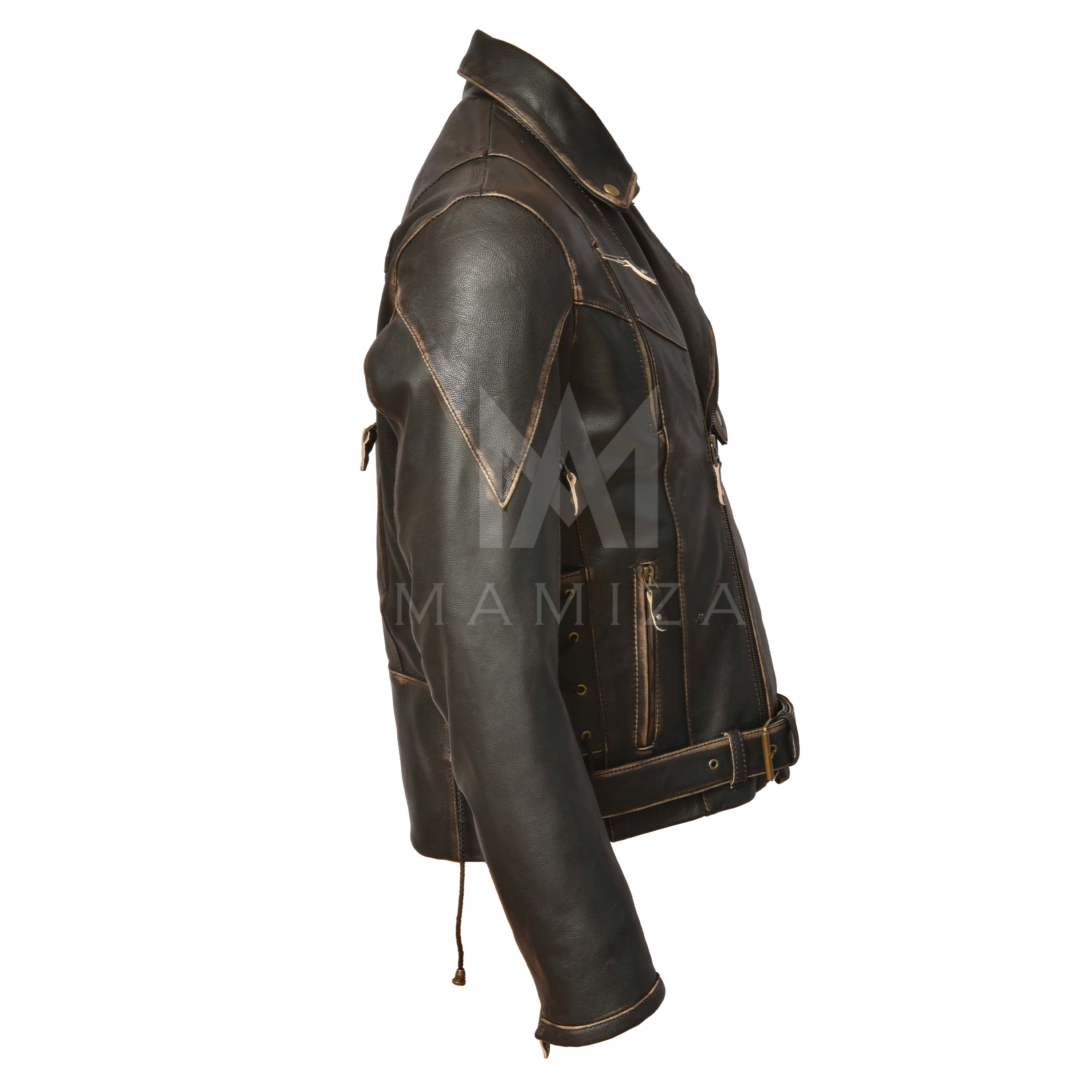 Distressed Leather Motorcycle Jacket - Vintage Style