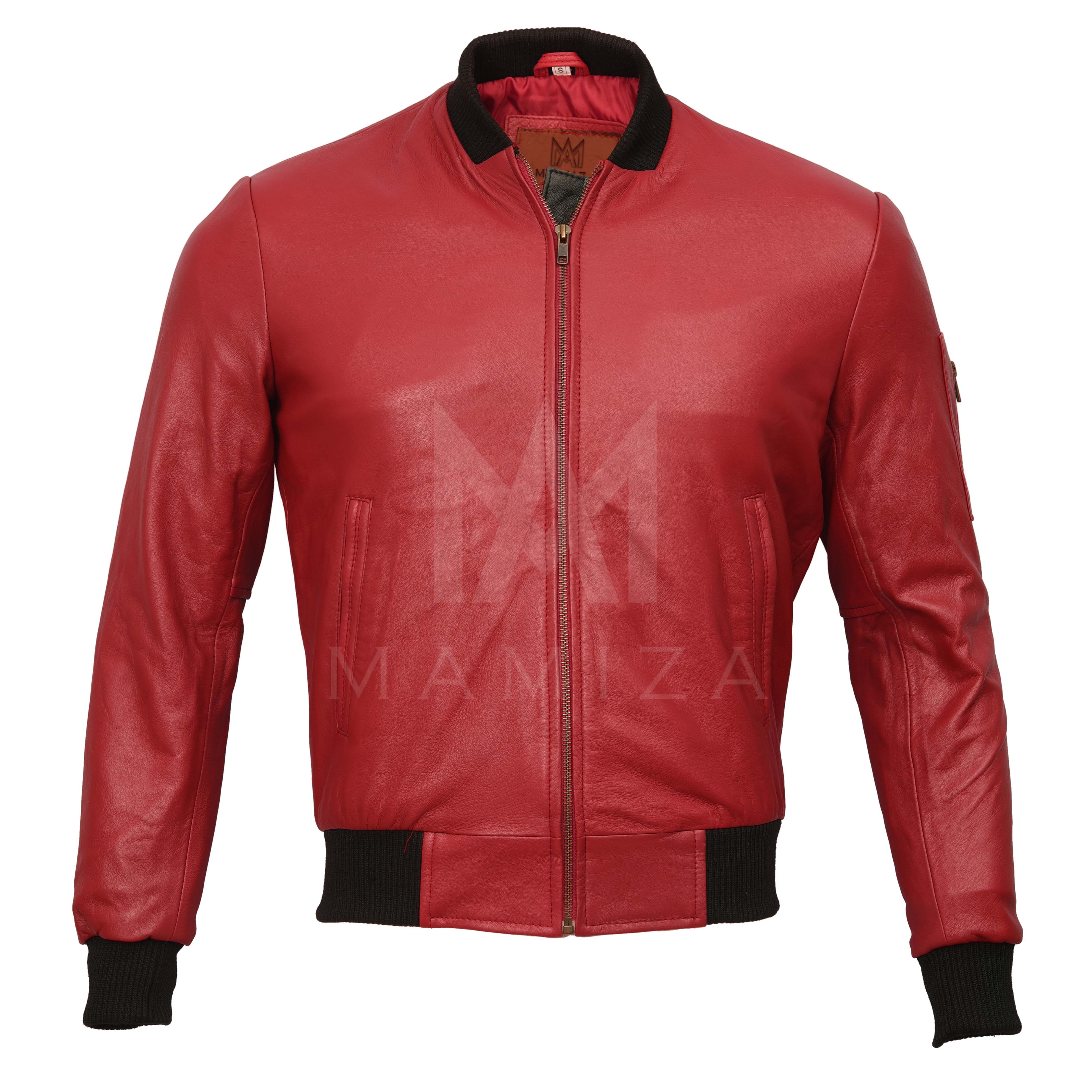 Bold Red Bomber Jacket - Crafted from Genuine Leather