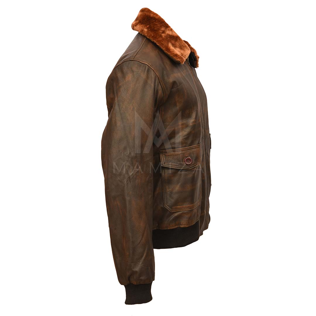 Premium Brown Leather Bomber Jacket - Distressed Look