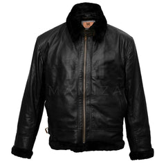 Men's Black Leather Bomber Jacket with Fur Collar