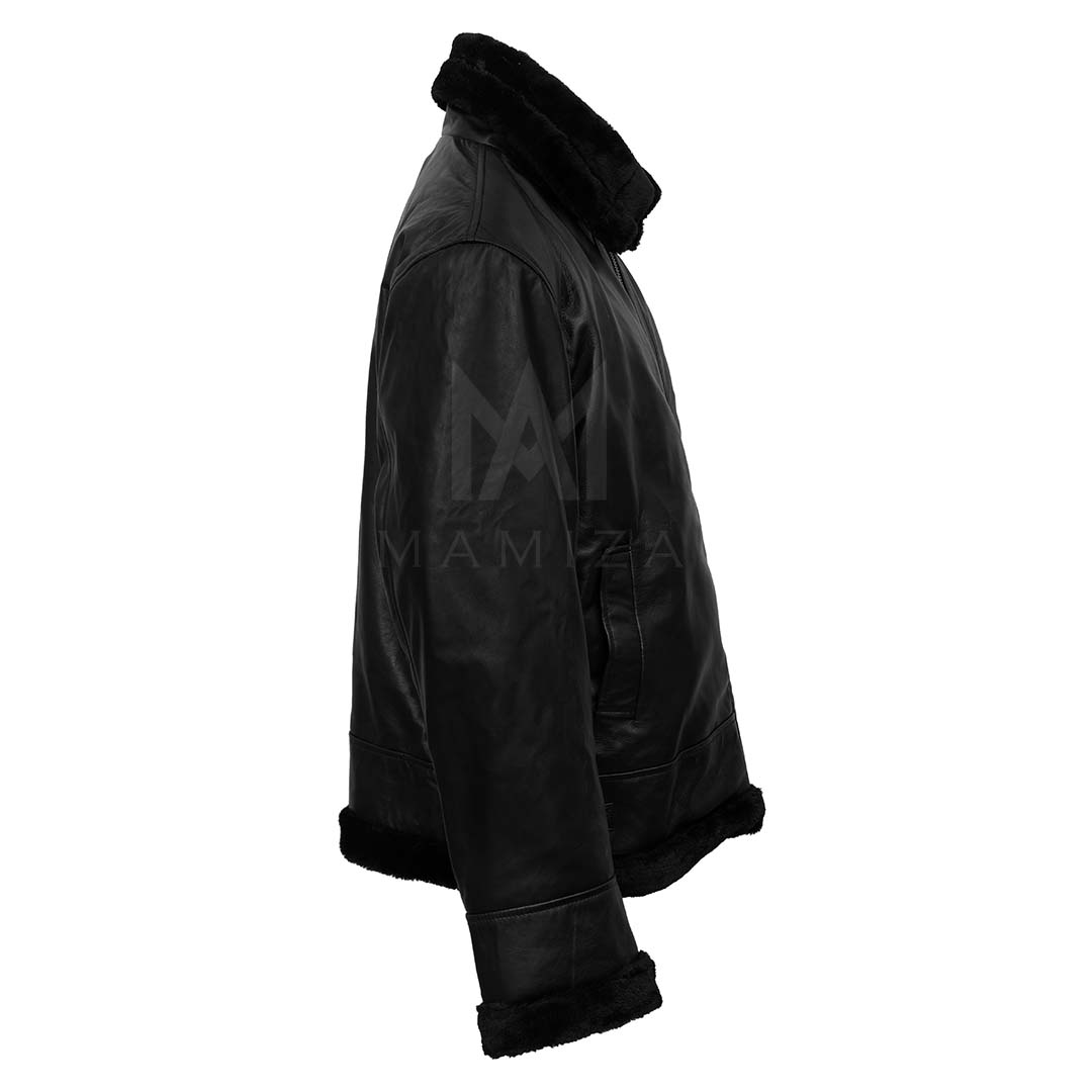 Men's Black Leather Bomber Jacket with Fur Collar