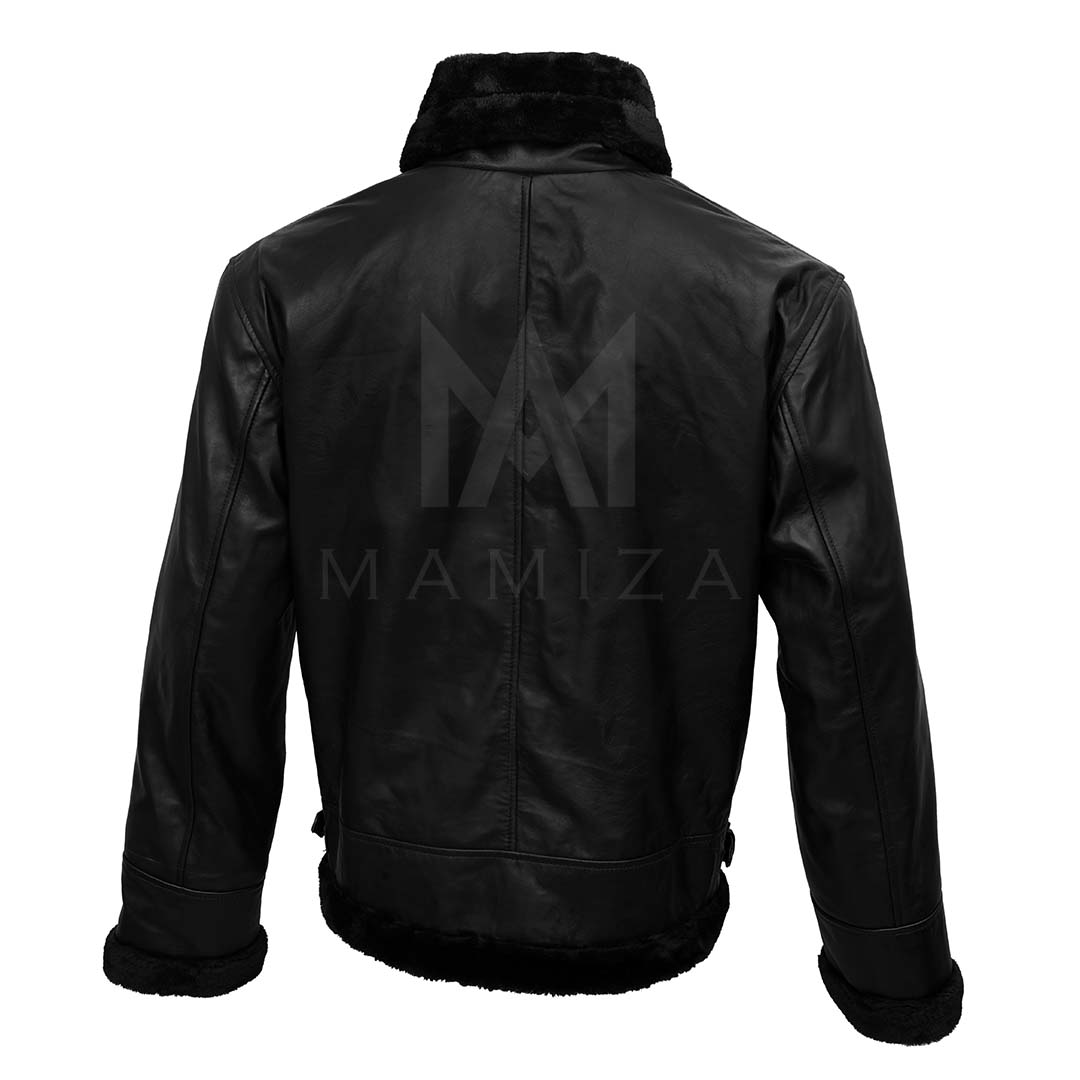 Men's Black Leather Bomber Jacket with Fur Collar