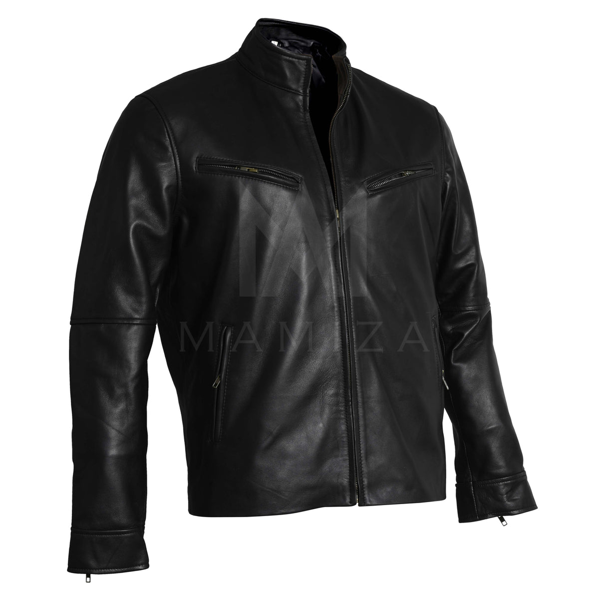 Men's Leather Jacket with Stand-Up Collar - Brown and Black