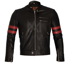 Men's Black Leather Motorcycle Jacket with Red Stripes