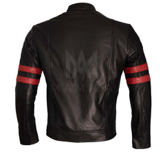 Men's Black Leather Motorcycle Jacket with Red Stripes