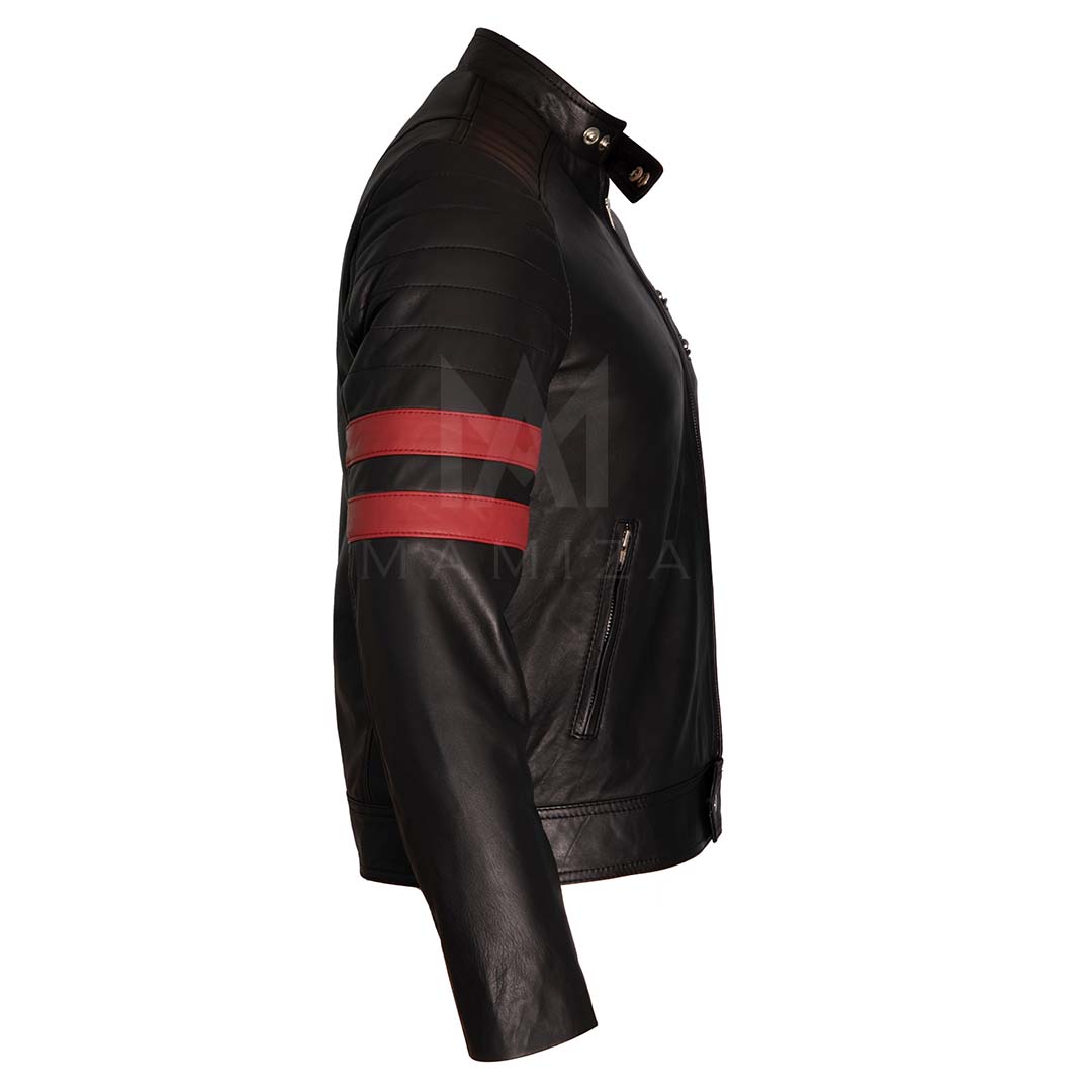 Men's Black Leather Motorcycle Jacket with Red Stripes