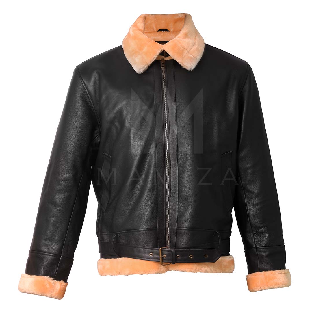 Premium Leather Bomber Jacket - Distressed Look with Shearling Collar