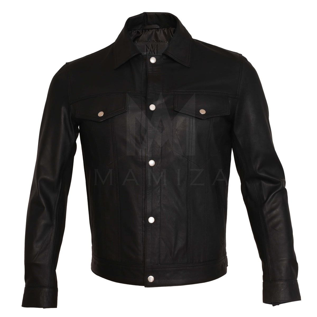 Distressed Leather Jacket with Button-Down Collar