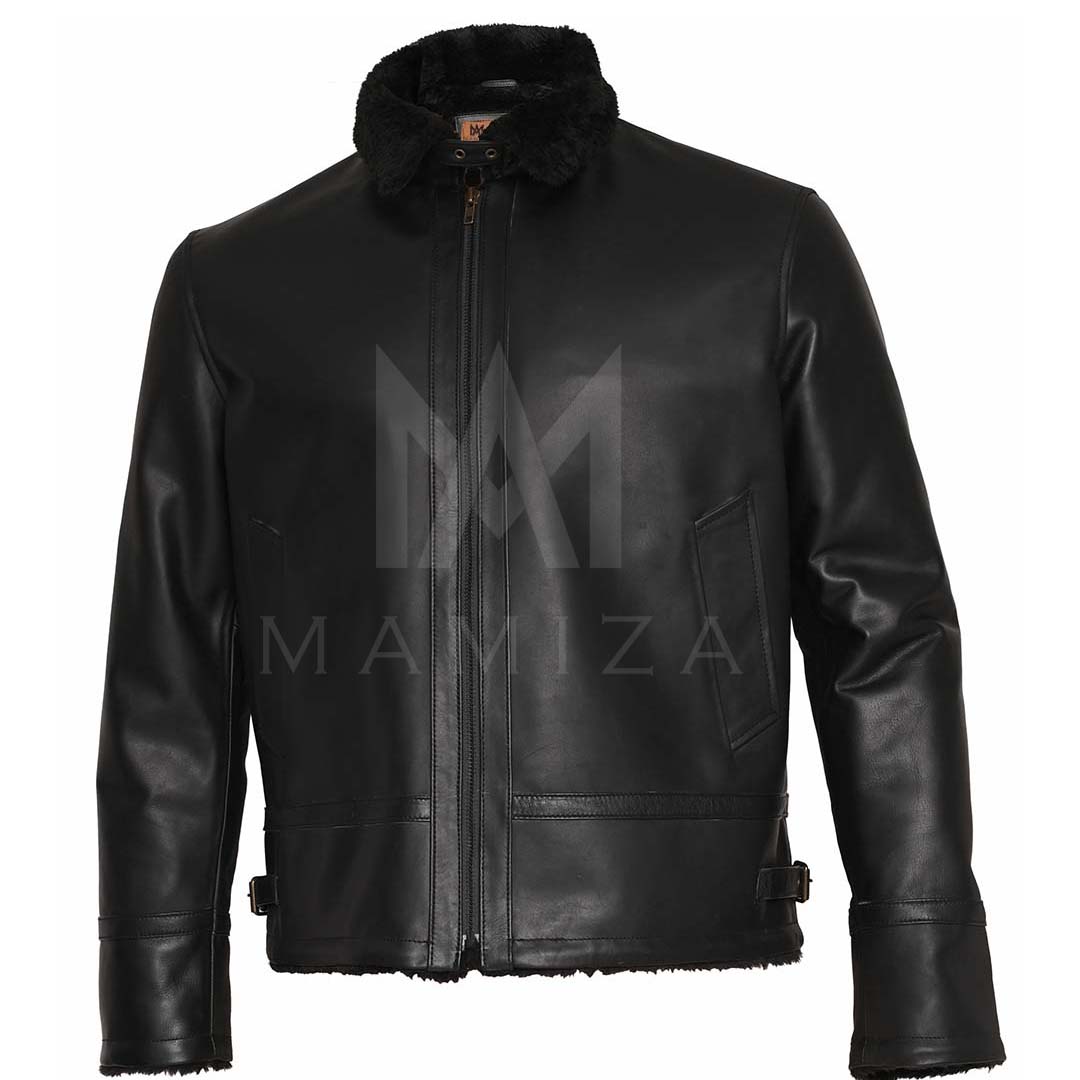 Men's Black Leather Jacket with Shearling Collar – Stylish and Warm Outerwear