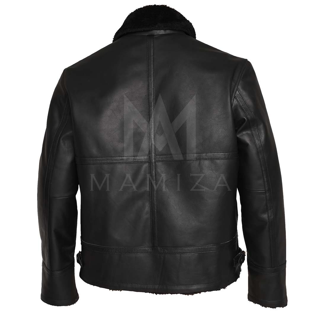 Men's Black Leather Jacket with Shearling Collar – Stylish and Warm Outerwear