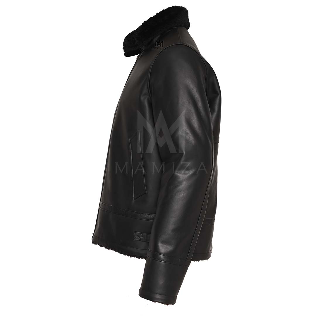 Men's Black Leather Jacket with Shearling Collar – Stylish and Warm Outerwear