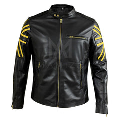 Men's Black Leather Moto Jacket - British Flag with Yellow Accents