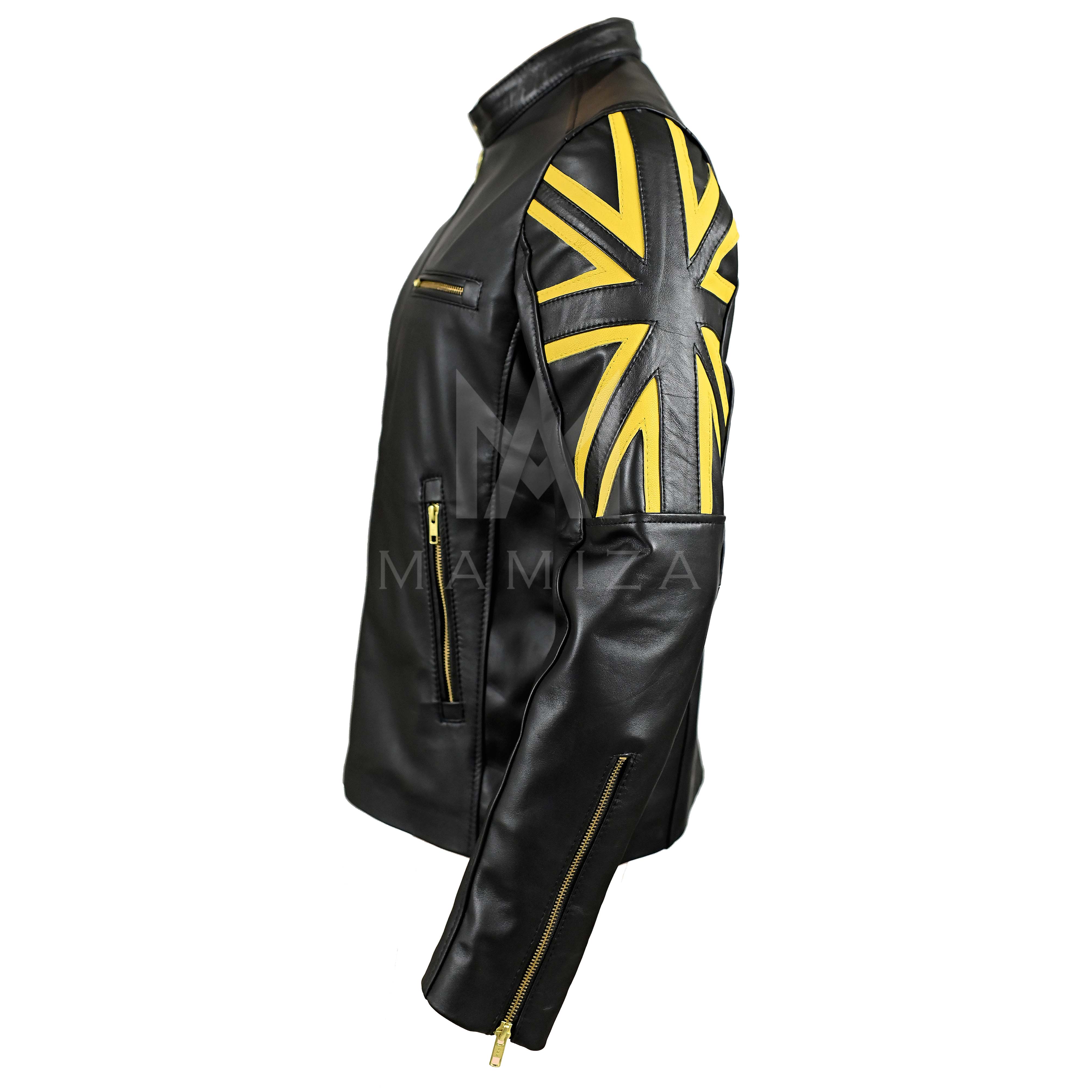 Men's Black Leather Moto Jacket - British Flag with Yellow Accents