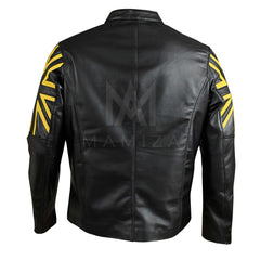 Men's Black Leather Moto Jacket - British Flag with Yellow Accents