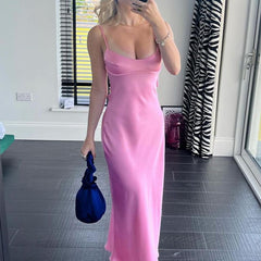 Fuchsia Maxi Dress - Strappy Open Back Satin Dress