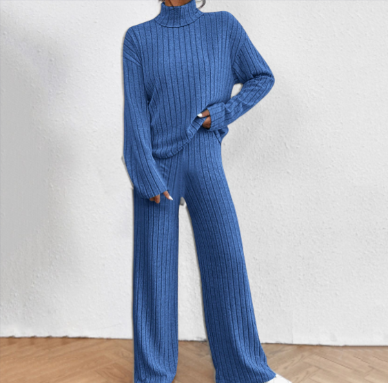 Cozy Ribbed Knit Turtleneck Set with Wide-Leg Pants