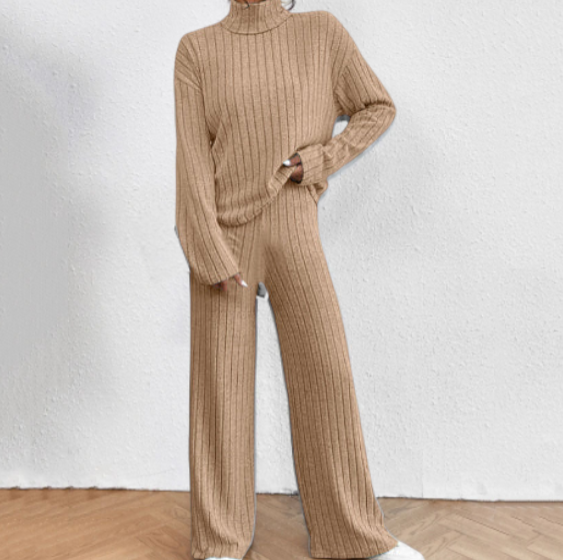 Cozy Ribbed Knit Turtleneck Set with Wide-Leg Pants