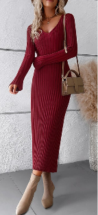 Timeless Ribbed Knit Midi Dress with Long Sleeves