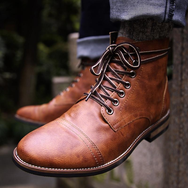 Rugged Leather Lace-Up Ankle Boots with Sturdy Sole