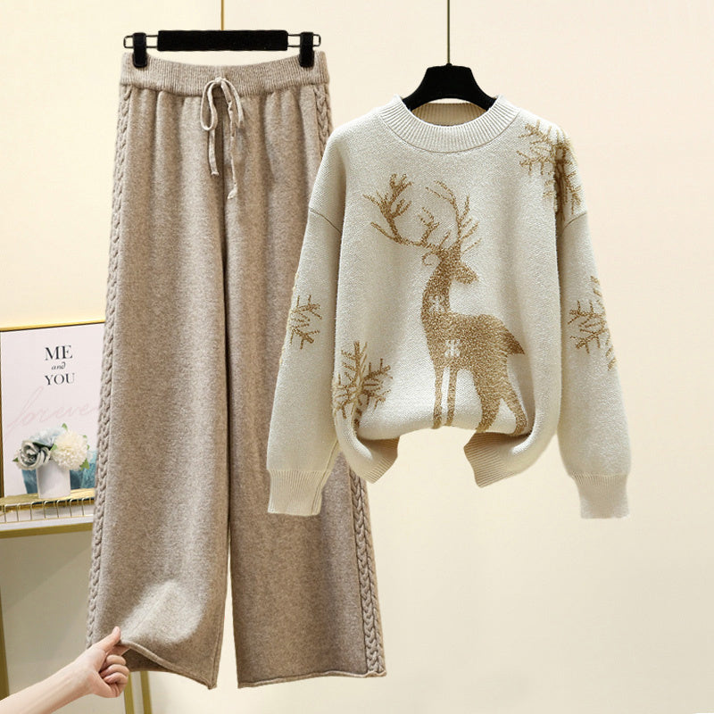 Cozy Winter Deer Print Sweater and Knit Palazzo Pant Set