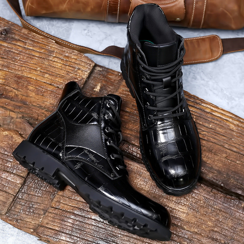 Rugged Leather Lace-Up Hiking Boots with Croc-Embossed Texture