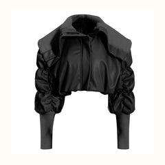 Cropped Leather Jacket Women's - Ruffled Sleeves