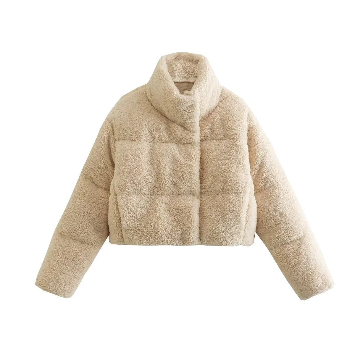 Women's Cropped Cream Teddy Fleece Puffer Jacket - Warm & Stylish