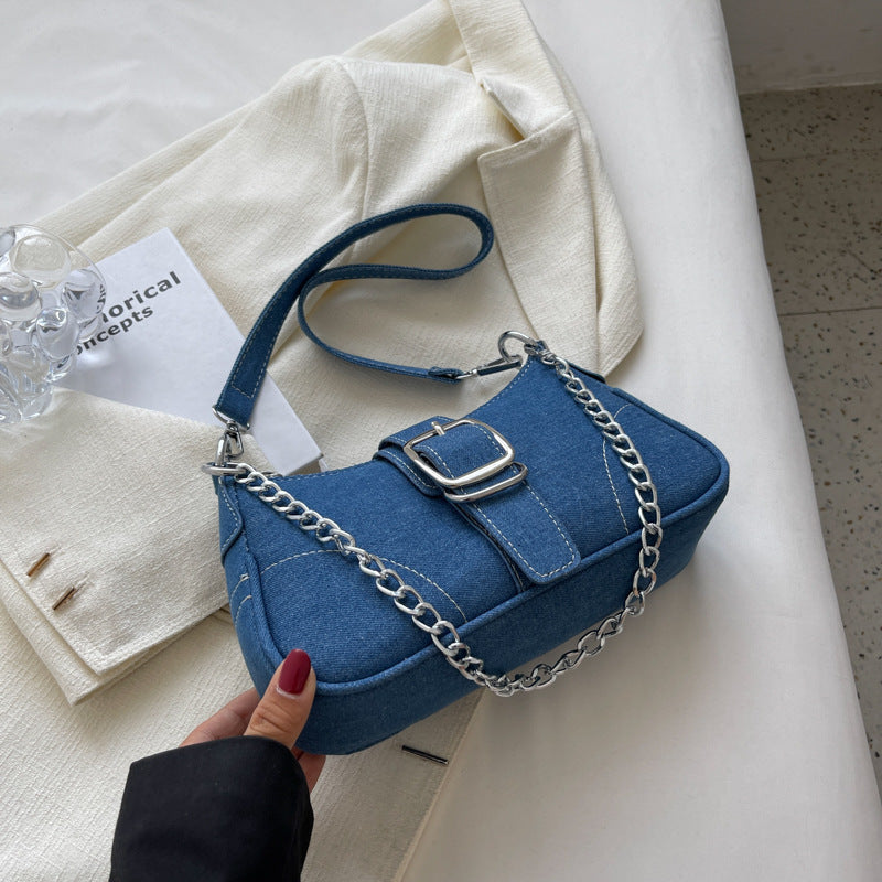 Chic Denim Crossbody Bag with Chain Strap