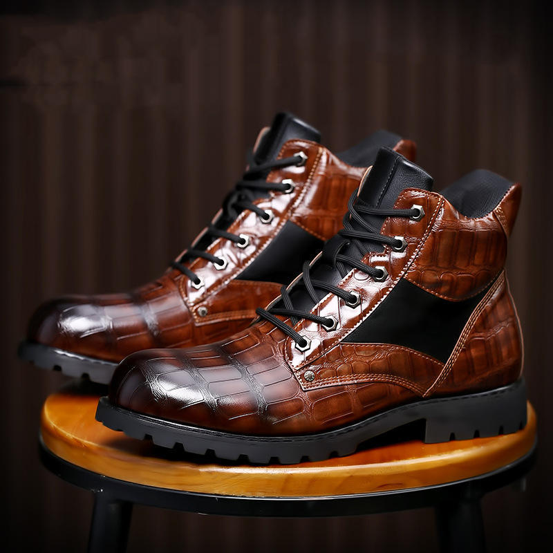 Rugged Leather Lace-Up Hiking Boots with Croc-Embossed Texture