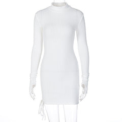 Elegant Ribbed Knit Mock Neck Mini Dress with Dramatic Sleeves