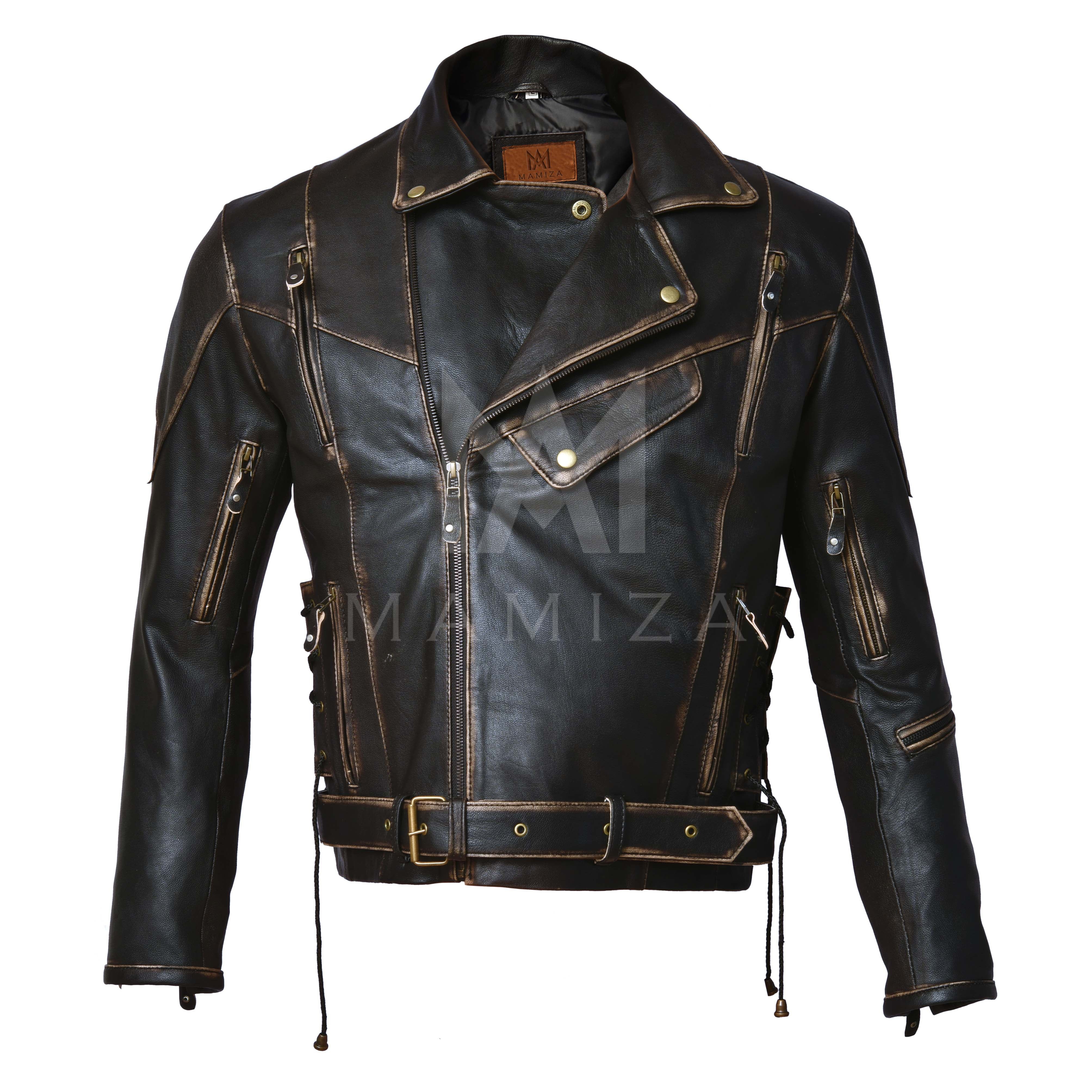 Distressed Leather Motorcycle Jacket - Vintage Style